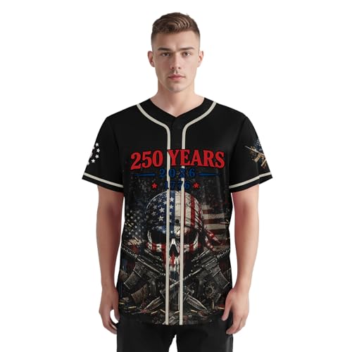 Men's Patriotic Skull Baseball Jersey 250 Years USA Independence Shirt American Flag Button Down Sports Jersey miniatura 2