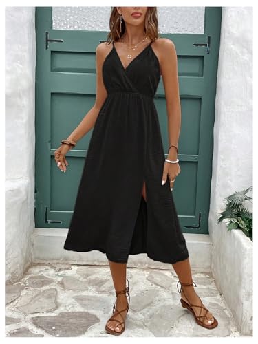 Image of SweatyRocks Women's Tie Backless Split Midi Dresses Sleeveless V Neck Textured Summer Dress