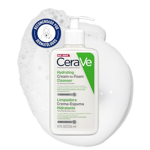 CeraVe Gel Limpiador Crema-Espuma Hidratante, Para Piel Normal a Seca, Elimina Maquillaje, Suciedad y Grasa, Para Rostro, Con Ceramidas Esenciales, Aminoácidos y Ácido Hialurónico, 236ml