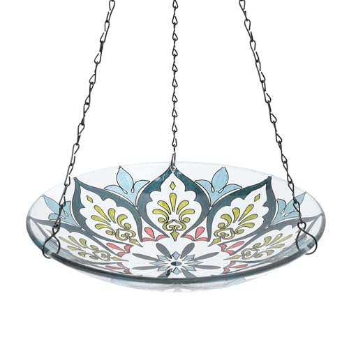 MUMTOP Hanging Bird Baths for Outdoors - Glass Bird Bath, 11 Inch Hanging Bird Bath Bird Feeder Bowl for Outside, Garden, Lawn Yard Decor (Green Kaleidoscope)