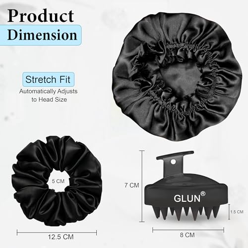 Image of GLUN Anti-Dandruff Round Scalp Massager with Elastic Closing Black Hair Bonnet Cap with 3 Satin Scrunchies Combo, Treatment Accessories for Hairs, Shampoo Brush Super Soft Bristles