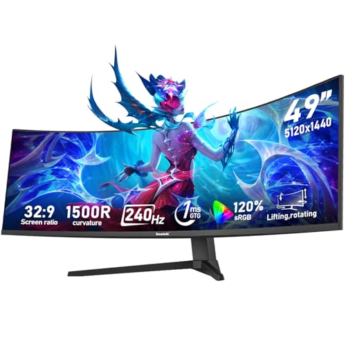 Gawfolk 49 inch Ultra-Wide Curved 1500R Gaming Computer Monitor, DQHD(5120×1440), 240Hz, 1MS, FreeSync, 120% sRGB, Height Adjustable PC Screen, HDMI2.1 & DP1.4, Compatible Wall Mount 100*100mm- Black