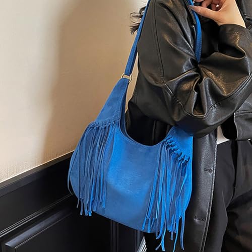 Women's Frosted Fringe Hobo Bag, Suede Leather Fashion Underarm Shoulder Purse, Novelty Tassel Bucket Crossbody Bag3