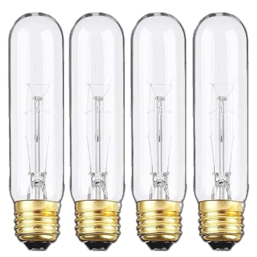 Weyolin 4 Pack T10 Tubular Light Bulbs, 25W Bulb, Clear Incandescent, E26 Medium Base, Warm White, Dimmable Vintage Tubular Style Showcase Bulb