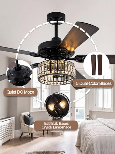 Image of 60 Inch Crystal Ceiling Fan with Lights Remote Large Chandelier Ceiling Fan Crystal Caged Fandelier, Indoor Outdoor 5 Dual Blades Reversible Quiet DC Motor 6 Speeds for Living Room Patio