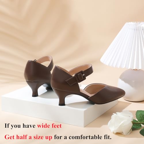 Image of RIBONGZ Comfortable Kitten Heels for Women Pointed Closed Toe Ankle Strap Buckle Heels Slip on Low Heel Church Pumps Wedding Bridal Party Dressy Shoes