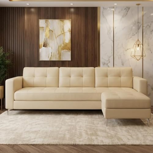 Image of CASASTYLE Creamoy 4 Seater L Shape Sofa Set with Movable Ottoman | Flexible Left or Right Layout | Premium Leatherette | Soft Touch Seating | Ideal Sofa for Living Room (Cream)