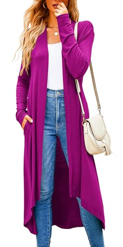 Image of Newchoice Womens Long Cardigan Summer Casual Draped Open Front Lightweight Long Sleeve Cardigan Duster with Pockets