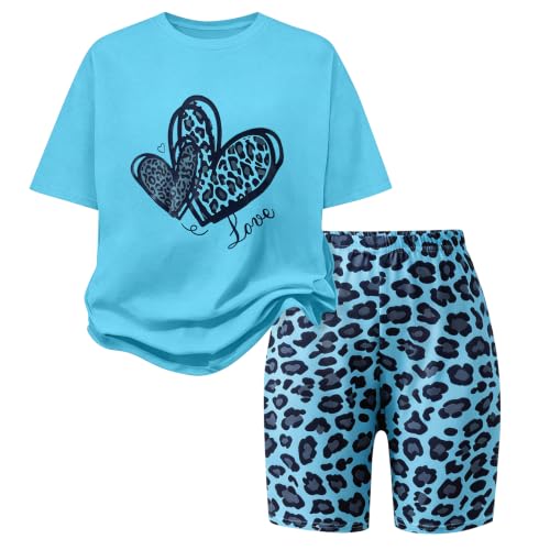 Image of 9-16Y Tween Girl Clothes 2 Piece Short Sleeve Heart Print Top and Shorts Teen Girl Summer Outfits Short Set