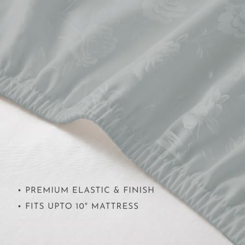 Image of Blue Dahlia 100% Cotton, King Size /Double, Elastic Fitted Bedsheet (72 inchx78 inch) + 2 Pillow Covers,Fits Upto 10 inch Mattress, 300TC Premium Bedsheet, Jacquard Rose Pattern - Light Grey