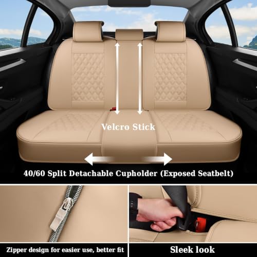 Image of Coverado Rear Seat Covers, Soft Waterproof Faux Leather Rear Protectors for Sedan SUV Truck, Minimalist Comfortable Anti-Stain Interior - Beige