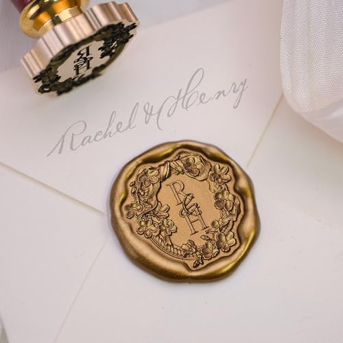 Custom Wax Seal Stamp - 3D Engraved Personalized Brass Seal with Initials & Floral Design Wooden Handle | Wax Seal for Wedding Invitations Gift Wrapping & DIY Crafts
