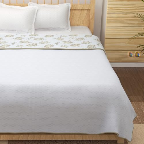 Image of Story@Home Dohar Double Bed Cotton 100% | 150GSM 225 x 240 cm Quilt AC Blanket for Summer | AC Comforter Double Bed | Beige & White, Floral & Geometric Reversible Design Duvet | All-Season Blanket