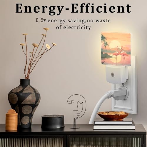 Image of Pink Flamingos at Sunset Night Light for Kids,Summer Beach Tropical Palm Tree Night Light Plug in with Dusk to Dawn Sensor,0.5w Energy Saving Nightlight for Hallway Stairway Kitchen Bedroom
