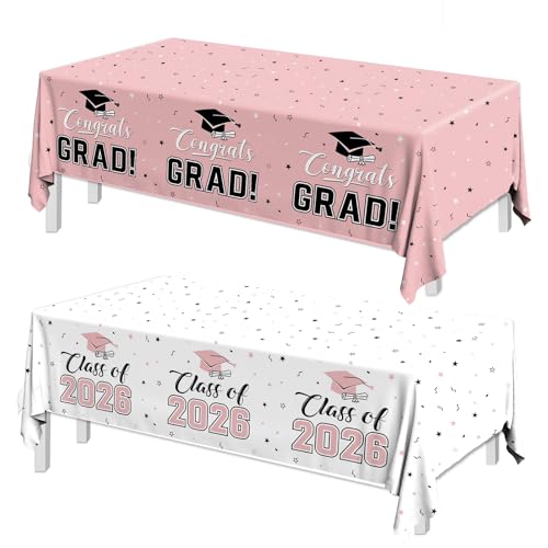 Image of 2026 Graduation Decorations,Congrats Grad Tablecloth 2pcs White Pink Class of 2026 Table Covers Rectangle for Graduation Party Supplies,108x54inch(Pink)