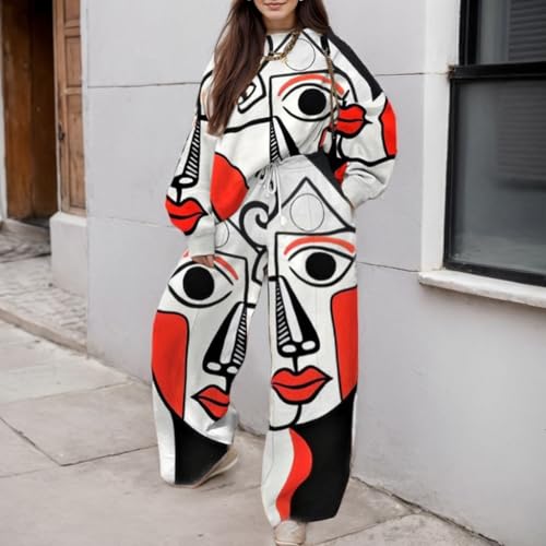 Womens Abstract Graphic Floral Print Two Piece Outfit Loose Crewneck Sweatshirt and Casual Pants Chic Streetwear Sets2