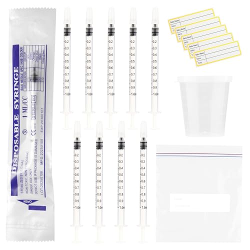 Kolostrum-Spritzen mit Kappen 1 ml Kolostrum-Sammel-Set mit 30 ml Messbecher Aufbewahrungstasche und Aufklebern zum Nachfüllen Messen von Flüssigkeiten wissenschaftliche Labors (10 Stück)