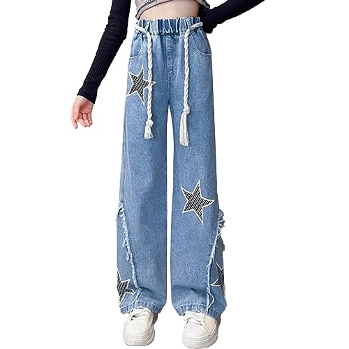 Kids Girls Fashion Jeans Youth Stars Print Elastic Waist Loose Fit Denim Pants Casual Hiking Trousers with Pockets