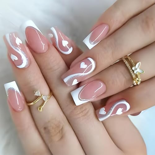 24 PCSバレンタインデイネイルのスティック爪のフレンチチッププレス爪のハートアクリルネイルメディアスクエア人工ネイル