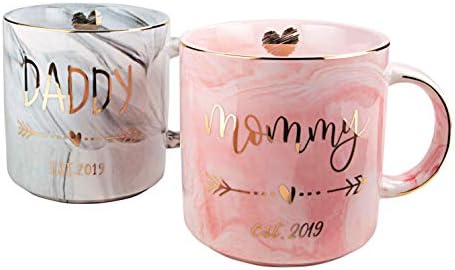 Vilight 2019 New Mom Gifts - Mommy and Daddy est 2019 Mugs for Parents to be - Marble Ceramic Cup 11.5 oz