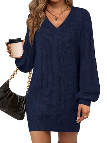 Saodimallsu Womens V Neck Mini Sweater Dress Cable Knit Long Lantern Sleeve Casual Loose Fall Tunic Pullover Sweaters Navy Blue