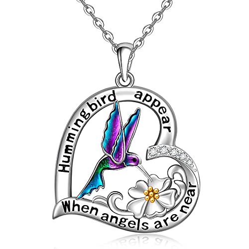 Hummingbird Necklace Hummingbird Necklaces for Women Sterling Silver Enamel Hummingbirds Heart Flower When Hummingbird Appear Angels Are Near Pendant Keepsake Jewelry Healing Gifts