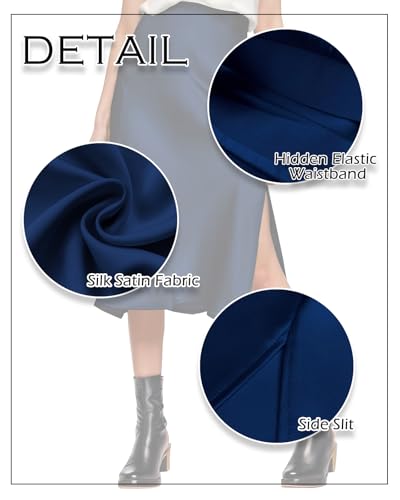 Image of Amy Babe Womens Satin Silk High Waist Slit Midi Skirt Long Skirts for Women | Elastic Waistband, Side Split, Midi Length, Below the Knee, Silky Fabric, Elegant, Fall Winter Outfits