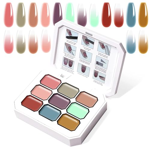 Image of THR3E STROKES Solid Cream GelPolish Set, 9 Colors Pudding Gel Nail Polish Palette with Nail Brush, Nude Pink Orange Red Solid Gel Polish Nail Art Kit Soak Off Portable Gift for Girls /Friend DIY Home (F)