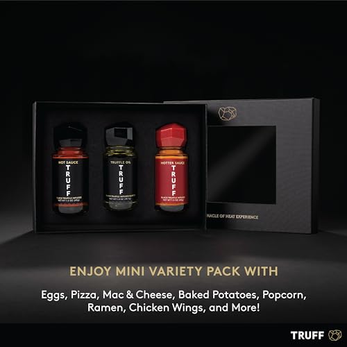 Image of TRUFF Mini Variety Pack - Original Hot Sauce (1.5 oz), Black Truffle Oil (1.4 oz), and Hotter Hot Sauce (1.5 oz), Portable Travel Bottles of Gourmet Condiments, Unique Flavor Experiences with Truffle, 3-Bottle Set