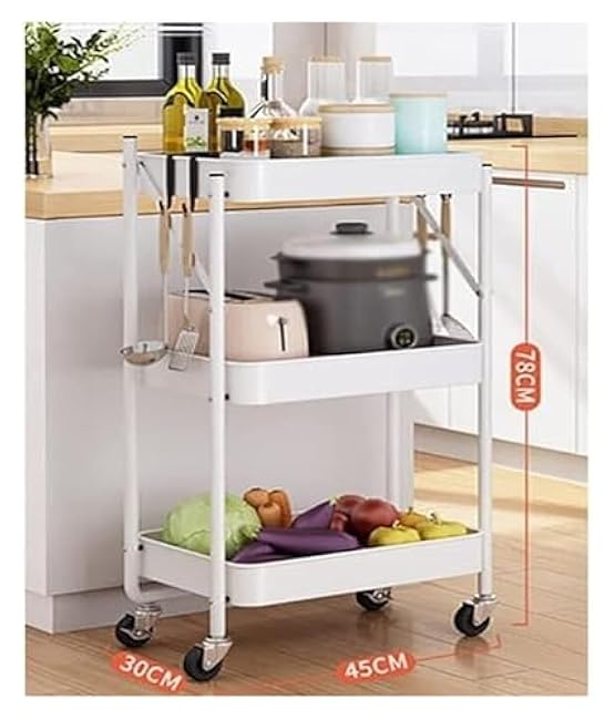 Storage Trolley,Utility Cart Rolling Cart Kitchen Storage Cart 3 Tier Folding Trolley with Wheeled Metal Kitchen Storage Cart Rolling Cart Utility Cart(White)-fQ7pSq0s