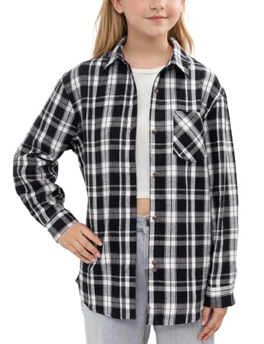 Noomelfish Girls Plaid Flannel Oversized Shirt Teen Long Sleeve Button Down Blouse Tops (7-14 Years)