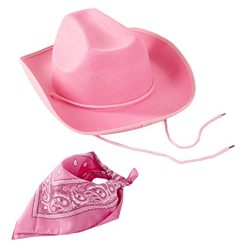Funny Party Hats - Cowboy Hat for Adults - Pink Cowgirl Hat - Cowboy Hat and Paisley Bandana - Cowgirl costume for women