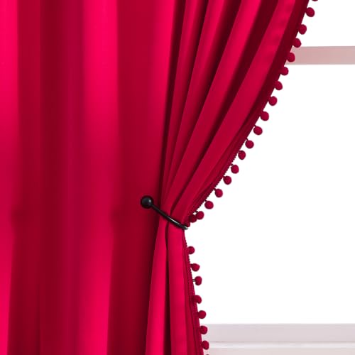 Christmas Red Velvet Curtains for Living Room 42"x 95" Cute Pom pom Drape 2