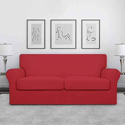Image of Easy-Going Stretch Oversized Loveseat Couch Cover for 2 Cushion Washable | Sofa Slipcover for Stretch 2 Separate Sectional Cushion Couch - Furniture Protector for Pets, Kids Christmas Red