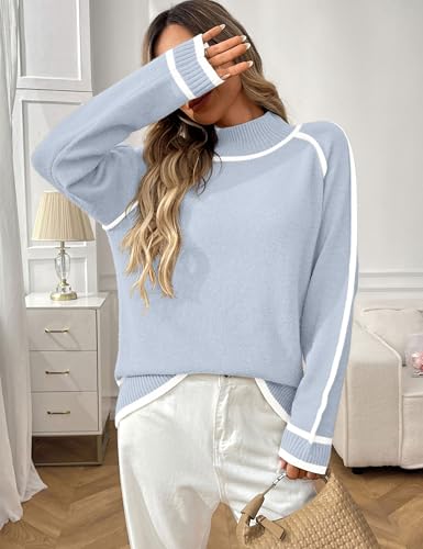 Bozanly Women's Mock Neck Pullover Sweaters 2025 Casual Fall Winter Long Sleeve Color Block Loose Knitted Tops2