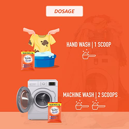 Image of Amazon Brand - Presto! Total Wash Detergent Powder | 4 Kg | Machine And Hand Wash | Removes Tough Stains | Safe And Gentle On Fabrics & Hands | Bleach-Free