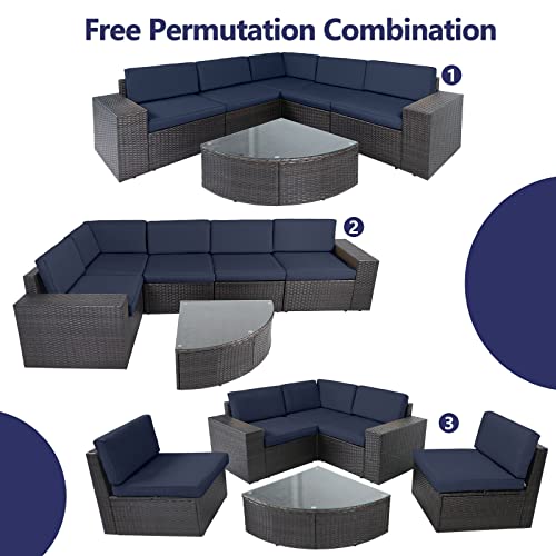 Solaura Outdoor Patio Furniture Set 6-Piece Brown Wicker Conversation Sets Modular Sectional Sofa Set With Glass Coffee Table (Navy Blue) #TOP4