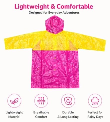 Image of CubsDen Kids Waterproof Raincoat for Boys & Girls | Full-Length Hooded Rain Coat | Lightweight Durable School Rainwear | Bright Color Outdoor Rain Jacket for Children