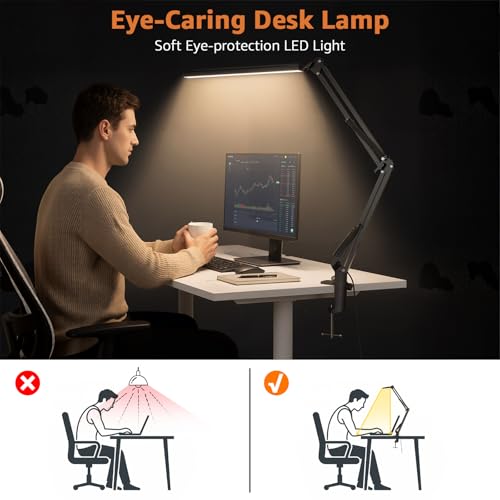 Image of Upgrade Swing Arm LED Desk Lamp with Clamp, 80 LED Beads, 5 Color Modes & 11 Brightness Levels, 360 Adjustable Arm, Eye-Caring Light CRI95, Timer & Memory Function, for Office, Study, Crafting