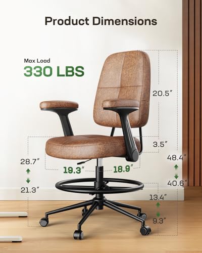 Image of Marsail Ergonomic Drafting Chair for Standing Desk, 330lbs Heavy Duty Tall Office Chair with Adjustable Foot Ring & Flip-Up Arms, Comfort Brown Leather, 3.5 inch Thick Cushion