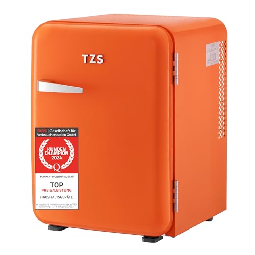 TZS First Austria Mini refrigerador silencioso | Diseño retro | Potencia de refrigeración ajustable | Tirador de puerta | Sistema de refrigeración termoeléctrica | 40L | naranja