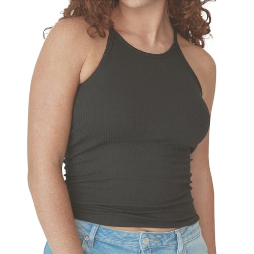 Klassy Network Ribbed High Neck Brami Tank-Top for Women - Built-in Bra Racerback Full Length Tank with Straps