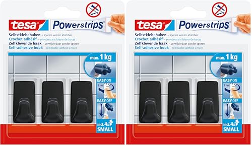 tesa Powerstrips Klebehaken Small Eckig - 3 x selbstklebende Wandhaken - für Kacheln, Glas, Kunststoff und weitere Untergründe - 1 kg Halteleistung - Schwarz (Packung mit 2)