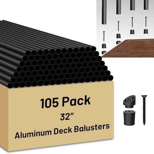105 Pack 32 inch Aluminum Balusters for Deck Railing Black Round Metal Spindles for Staircase 3/4 Diameter Hollow Deck Ballasters with Screws and Connectors for Railing Fencing Porch Stair Spindles