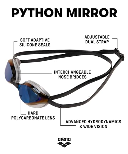 Image of ARENA Unisex Python Racing Swim Goggles for Men and Women Anti-Fog No Leak Max Comfort Dual Strap, Mirror /Non-Mirror Lens
