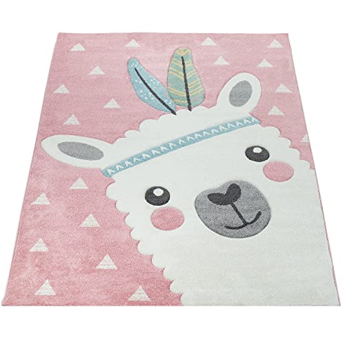 Vloerkleed Kinderkamer Roze Kinderkamer 3D-Design Alpaka-Motief Pastelkleuren Robuust, Maat:80x150 cm - Afbeelding 5