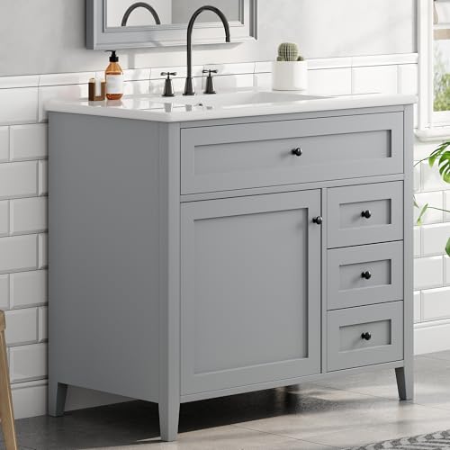 Image of 36 inch Bathroom Vanities with Top Set, Cabinet with Right-Side Multi-Functional Tip-Out Drawer and Adjustable Shelf, Soft-Closing Door, Solid Wood Legs, Gray