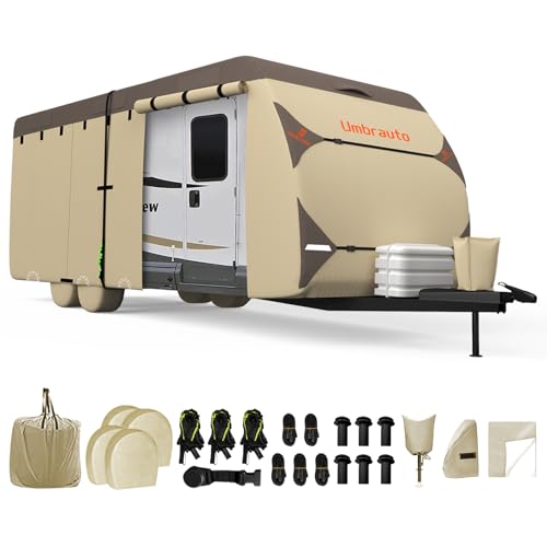 Umbrauto Travel Trailer RV Cover – Upgraded 7-Layer Top Camper Cover, Waterproof & Windproof Trailer Cover for 14'-16' RV, Includes 4 Tire Covers, Tongue Jack Cover and Gutter Cover