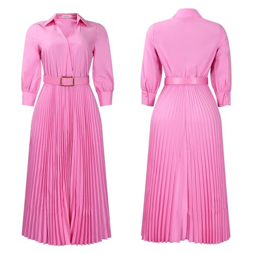 Image of Famnbro Womens Pleated Dress V Neck Long Sleeve A line Church Formal Works Business Dresses with Belt
