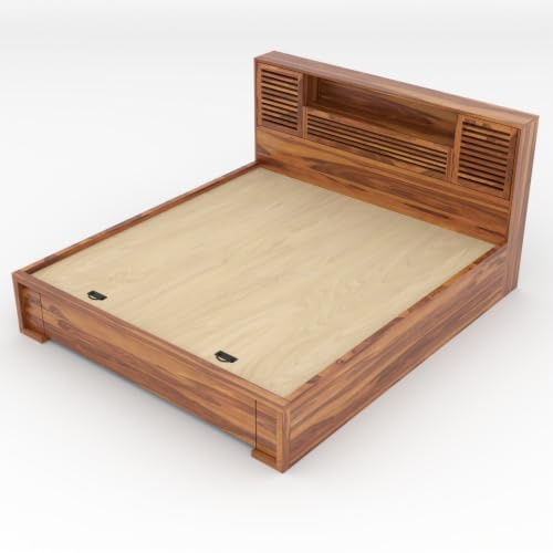Image of Kunjal Furniture Sheesham Wood Solid Double Bed with Hydraulic Storage & Cushioned Headboard for Bedroom (Flyding Natural, King)
